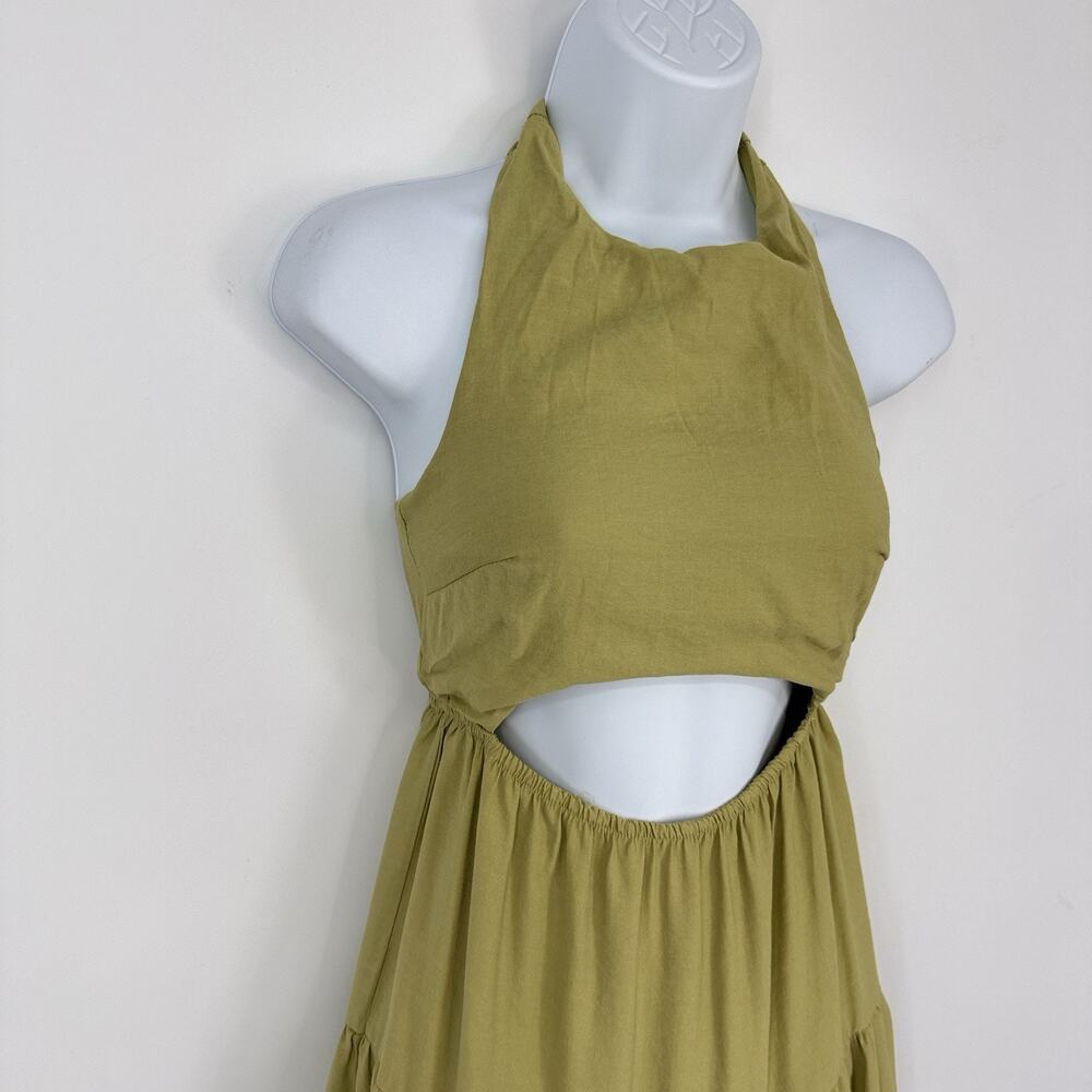 Le Lis Dress XS Green Tie Halter Neck Cutout Tiered Midi Boho Summer - Picture 3 of 8